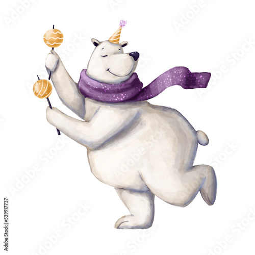 cute cartoon polar bear dancing watercolor style holiday illustration good for card and print design