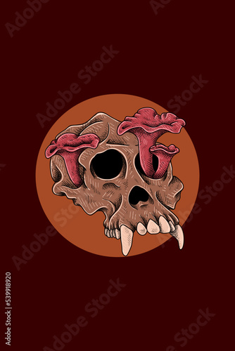 Monkey skull with mushrooms vector illustration
