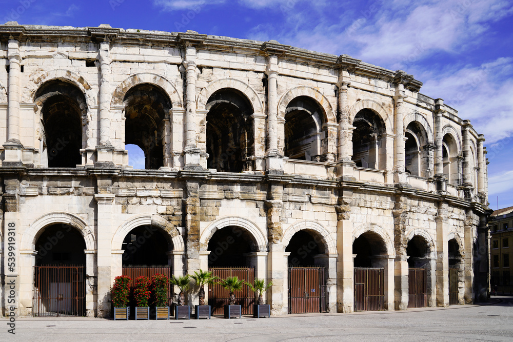 Arena of Nimes from Roman Empire landmark in french city of Occitanie region France