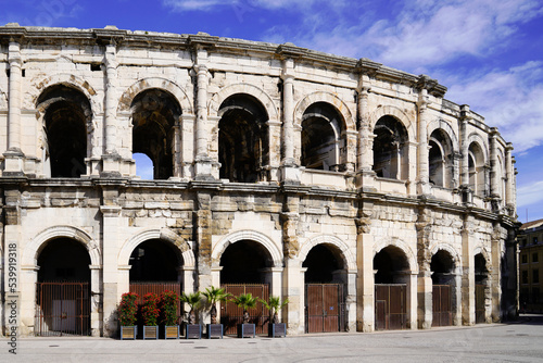 Arena of Nimes from Roman Empire landmark in french city of Occitanie region France