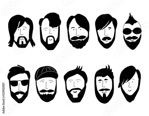 Vector set of bearded men, hipsters with different haircuts and beards. Silhouettes, emblems, badges, labels. Vector illustration in doodle style.