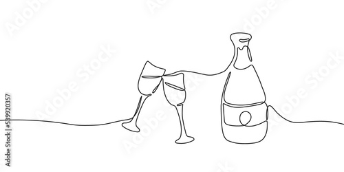 Continuous one line drawing of champagne bottle and glasses. Concept of cheers, toast, holiday in line art style. Png illustration on transparent background photo