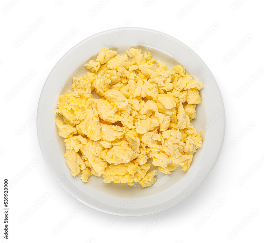 Plate of tasty scrambled eggs isolated on white background Plate of tasty scrambled eggs isolated on white background