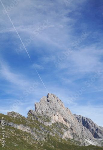 Perfect day for hiking: wonderful and steep mountain in the dolomites. Fermeda in Puez Geisler Nature Park in Alto Adige, Gardena Valley, Italy