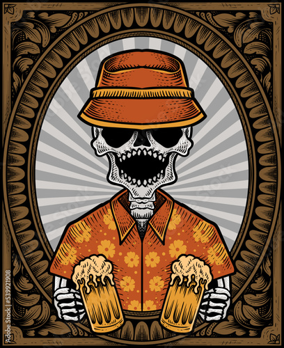 illustration skull beer with engraving ornament frame