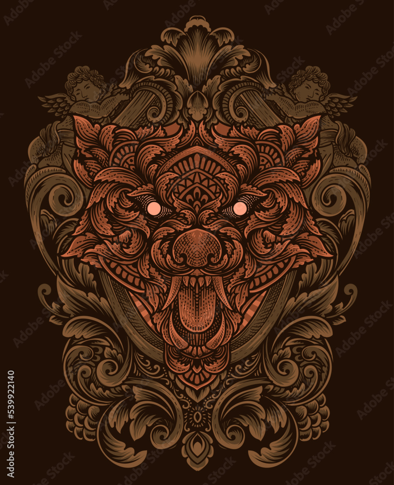 illustration wolf head with engraving ornament style