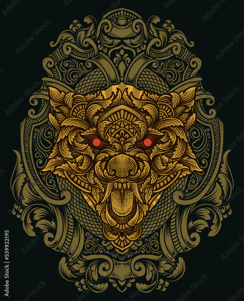illustration wolf head with engraving ornament style