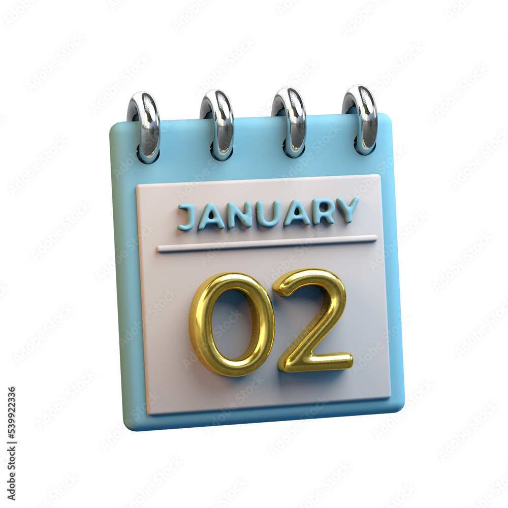 02 January monthly calendar 3D rendering 02 January monthly calendar 3D rendering