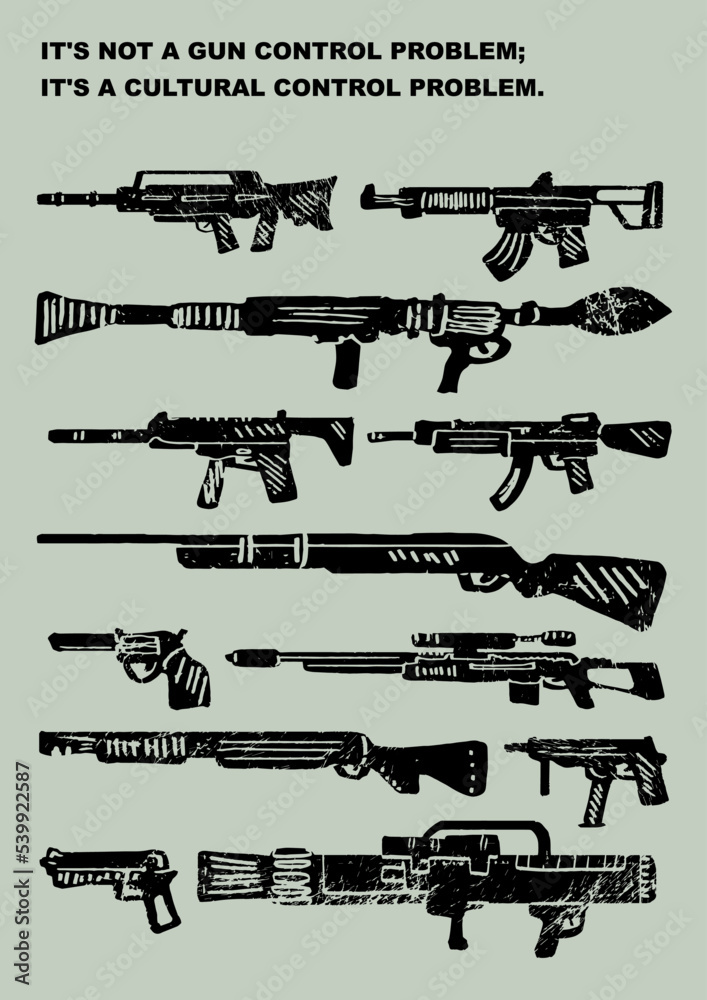 Anti-war poster. Weapons engraving, ink style set. Collection of various realistic firearms. Isolated assult rifles, sniper rifles, shotguns, handguns, machine guns, historical guns and other.