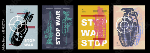 Anti-nuclear war propaganda poster. No to War, Stop War. Set of vector illustrations. Engraving, ink style. Poster, cover, t-shirt print. Military gun, tank, grenade, bomb, projectile