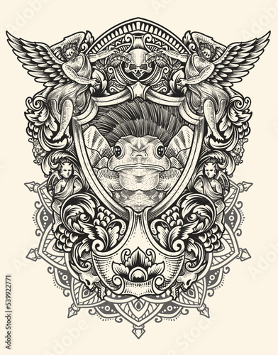 illustration vintage frog with engraving ornament frame