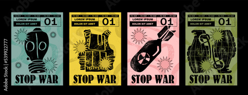 Anti-nuclear war propaganda poster. No to War, Stop War. Set of vector illustrations. Engraving, ink style. Poster, cover, t-shirt print. Military projectile, bomb, grenade, mask