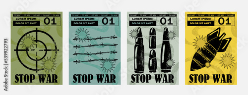 Anti-nuclear war propaganda poster. No to War, Stop War. Set of vector illustrations. Engraving, ink style. Poster, cover, t-shirt print. Military target, bullet, bomb, projectile