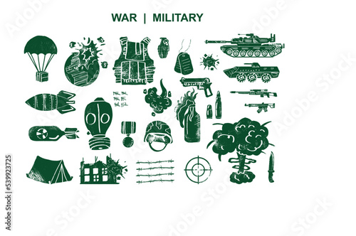 military engraving, ink style set (knife, handgun, bomb, bullet, gas mask, sword, helmet, captain hat, explosion, dynamite, tent, machine gun, beret, battleship)