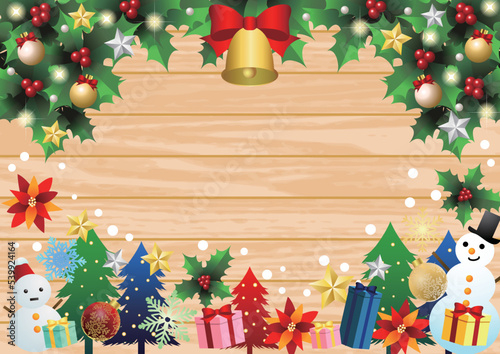 茶横木目とクリスマス素材フレームの背景ヨコ