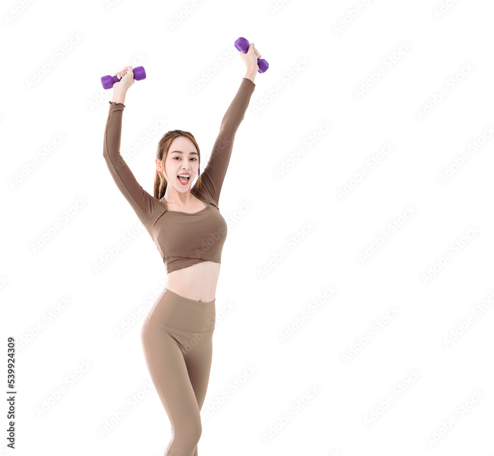 Excited Young woman with dumbbells exercising isolated on white Excited Young woman with dumbbells exercising isolated on white