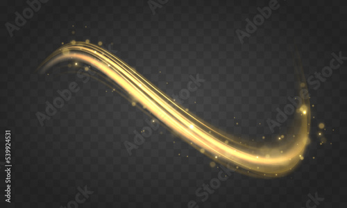 Golden shiny spiral wave sparks. Curved yellow speed line twirl. Glittering wavy trail. Swirling dynamic neon circle. Magic gold whirlwind with flare sparkles. Glow swirl light bokeh effect. Vector	