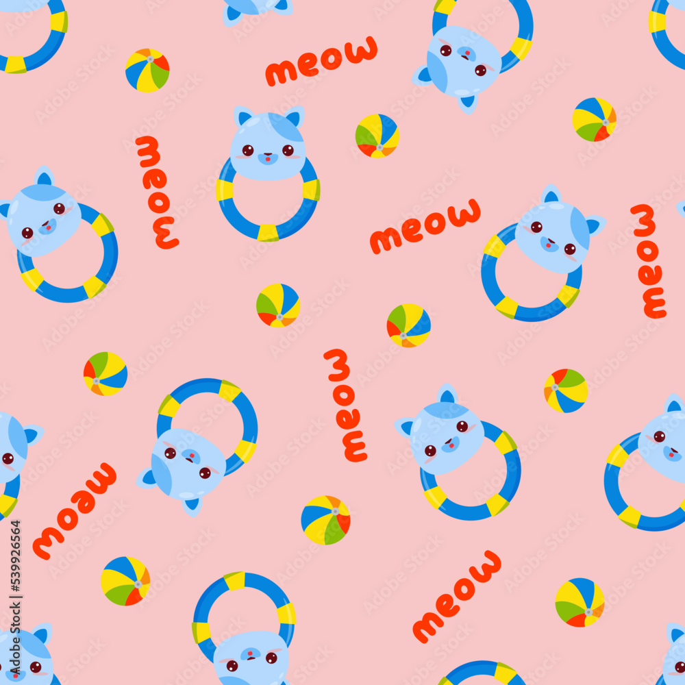 Seamless pattern with animals on a pink background. A pattern with a baby rattle in the form of a cat. Kawaii animals