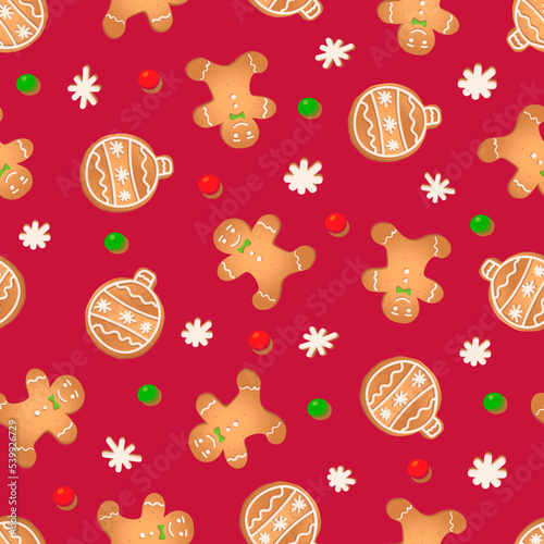 Seamless pattern with ginger cookies on a red background. Gingerbread man, New Year's ball, snowflake