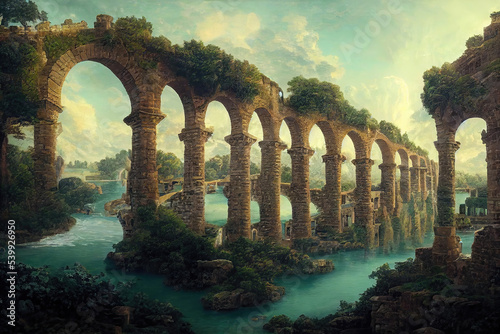 AI generated image of an ancient ruined Roman aqueduct somewhere in Europe Fototapet