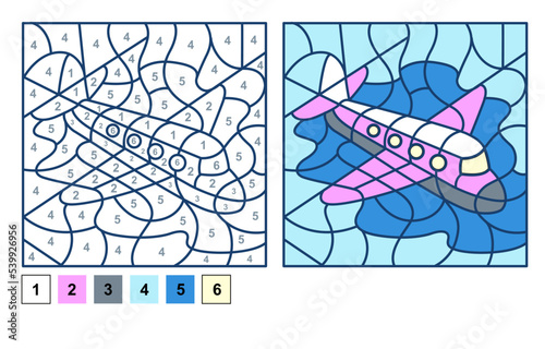 Puzzle game airplane, color by number sheet for children. Vector coloring page for learning numbers