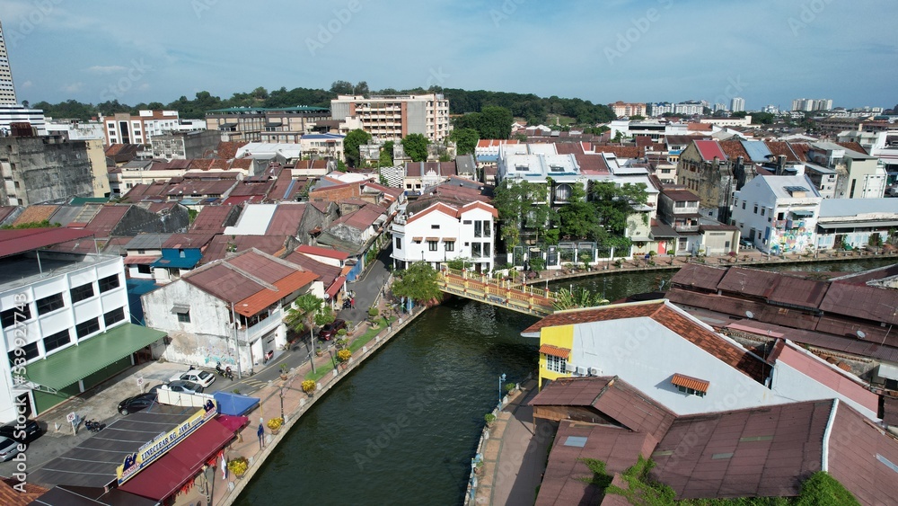 Malacca, Malaysia - October 16, 2022: Aerial View of the Malacca River Cruise