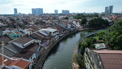 Malacca, Malaysia - October 16, 2022: Aerial View of the Malacca River Cruise