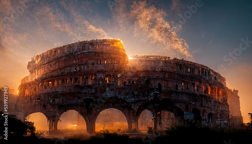 AI generated image of sunrise at the Colosseum in Rome photo