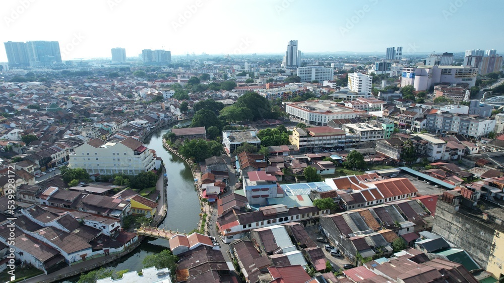 Malacca, Malaysia - October 16, 2022: Aerial View of the Malacca River Cruise