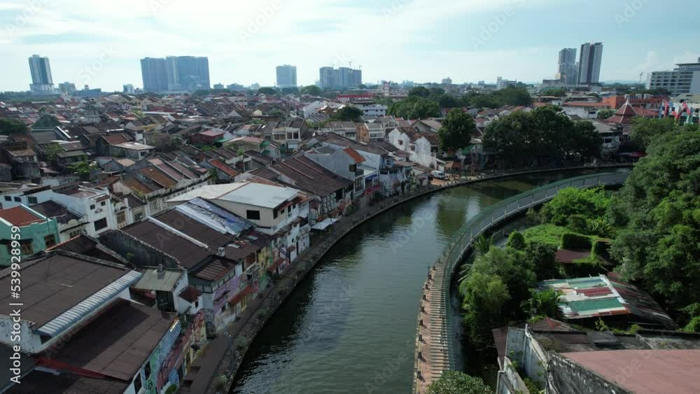 Malacca, Malaysia - October 16, 2022: Aerial View of the Malacca River Cruise Malacca, Malaysia - October 16, 2022: Aerial View of the Malacca River Cruise
