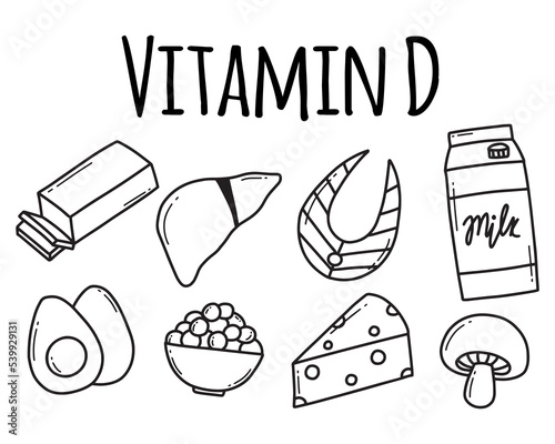 Vitamin d. Set of Foods containing vitamin d. Food rich in vitamin d. Vector illustration. Vector illustration. Doodle style.