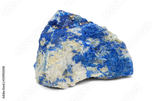 A raw shard of the mineral lapis lazuli. The stone is blue and white photo