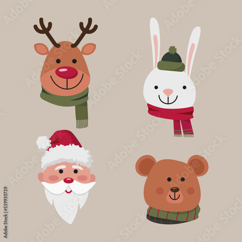 collection of cartoon christmas characters in winter warm accessories santa claus bear deer and bunny