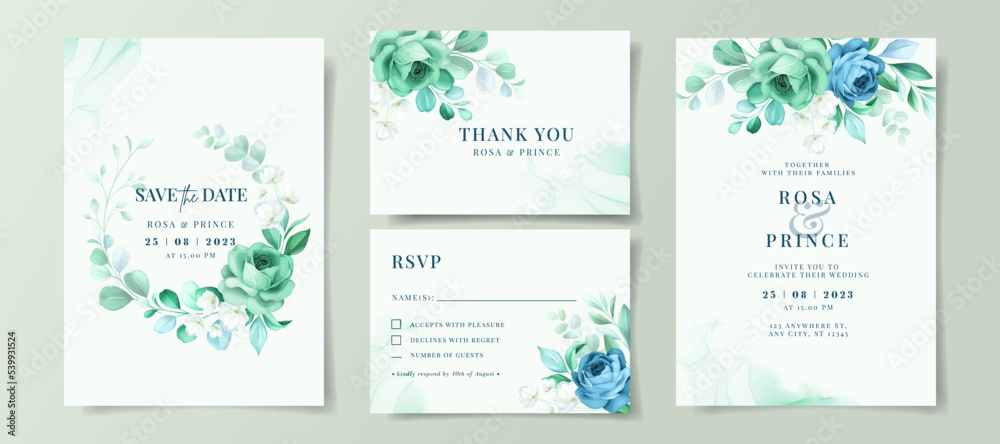 Beautiful floral on wedding invitation card set template, greenery wedding invitation, floral wedding invitation
