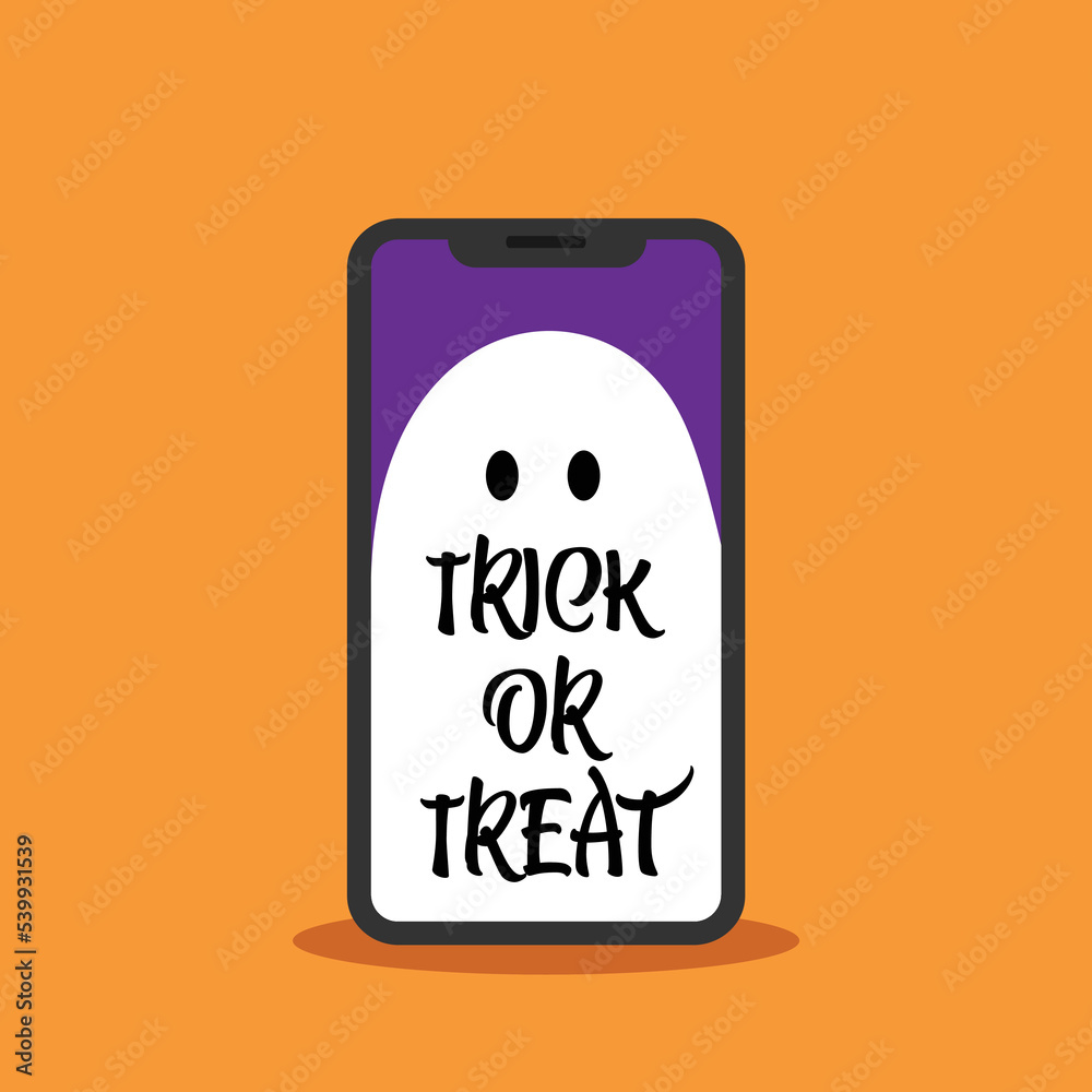 Trick or treat letters on a smartphone with an orange background. Halloween concept. Trick or treat letters on a smartphone with an orange background. Halloween concept.