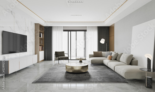 The modern luxury interior of the living room is bright and clean. 3D illustration