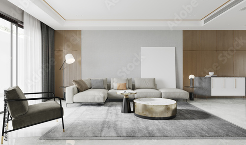 The modern luxury interior of the living room is bright and clean. 3D illustration © polnon
