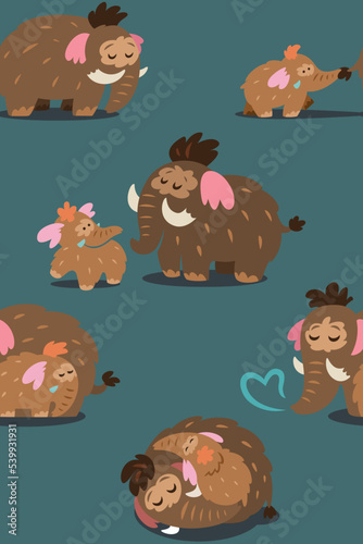 Sweet mother mammoth with her baby seamless pattern. Vector illustration