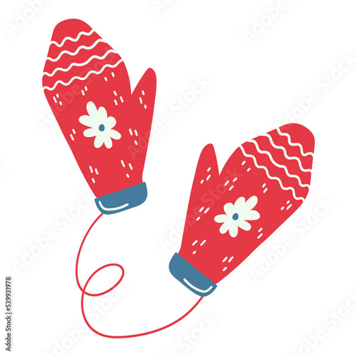 Hand drawn knitted mittens isolated on a white background. Doodle, illustration in a simple flat style. It can be used for decoration of textile, paper and other surfaces.