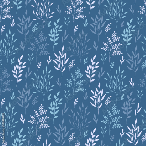 Hand drawn seamless pattern of colorful branches with leaves. Winter floral cozy collection. Christmas decorative illustration for greeting card, wallpaper, wrapping paper, fabric, packaging