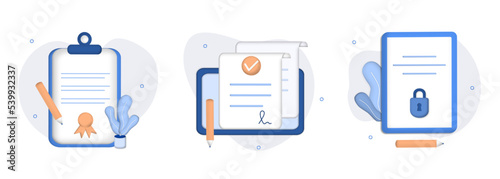 Contracts illustration set. Signing legal document, electronic contract, online agreement document. Reading and signing contract terms and condition. 3d web vector illustration.  