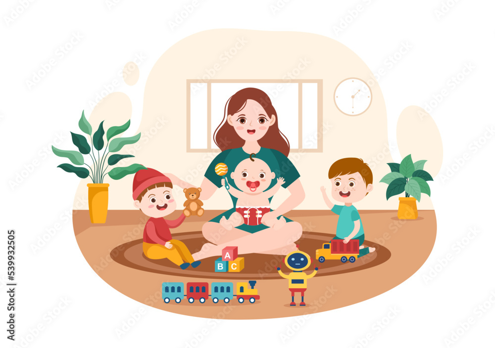 Obraz premium Babysitter or Nanny Services to Care for Provide for Baby Needs and Play with Children on Flat Cartoon Hand Drawn Template Illustration