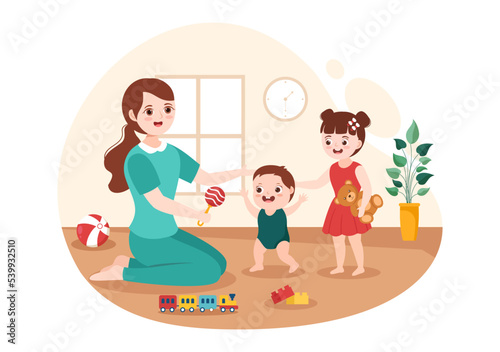 Babysitter or Nanny Services to Care for Provide for Baby Needs and Play with Children on Flat Cartoon Hand Drawn Template Illustration