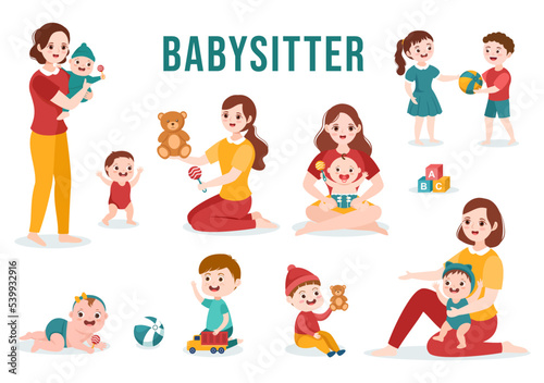 Babysitter or Nanny Services to Care for Provide for Baby Needs and Play with Children on Flat Cartoon Hand Drawn Template Illustration