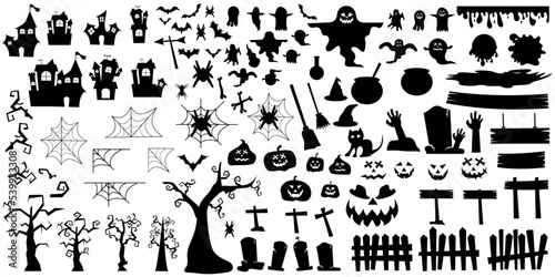 Big collection of silhouettes of Halloween on a white background. Set of halloween silhouettes icon and character. Vector illustration  spooky for celebration, holiday and decoration.