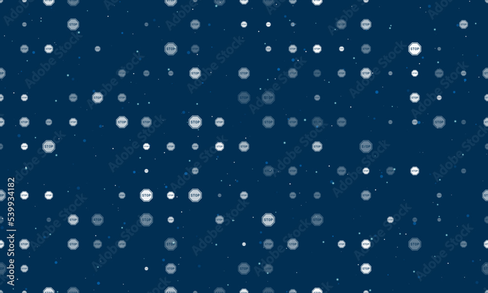 Seamless background pattern of evenly spaced white stop road signs of different sizes and opacity. Vector illustration on dark blue background with stars