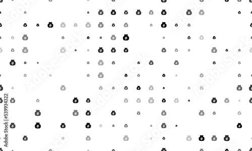 Seamless background pattern of evenly spaced black instant coffee symbols of different sizes and opacity. Vector illustration on white background