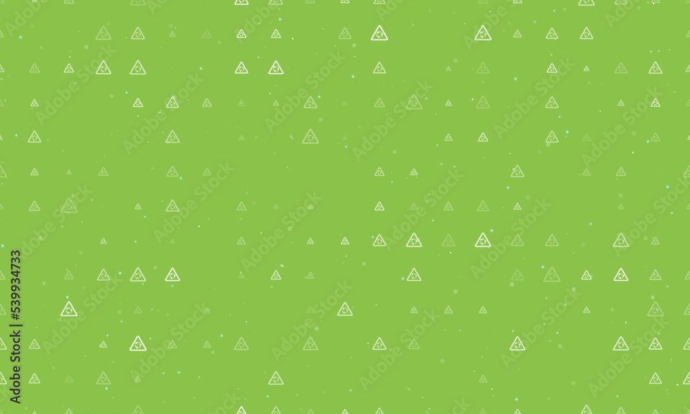 Seamless background pattern of evenly spaced white roundabout signs of different sizes and opacity. Vector illustration on light green background with stars