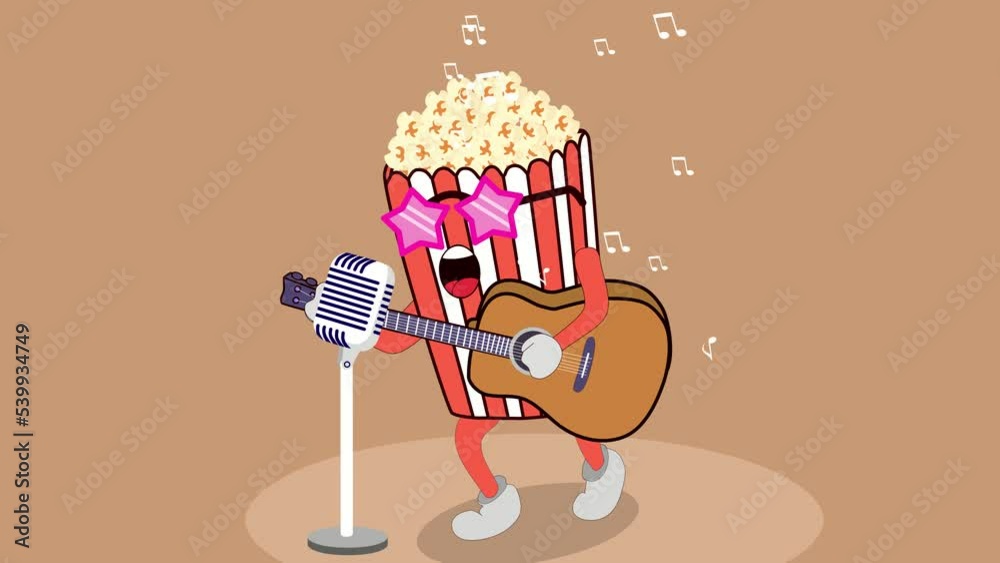 A popcorn playing guitar and performing