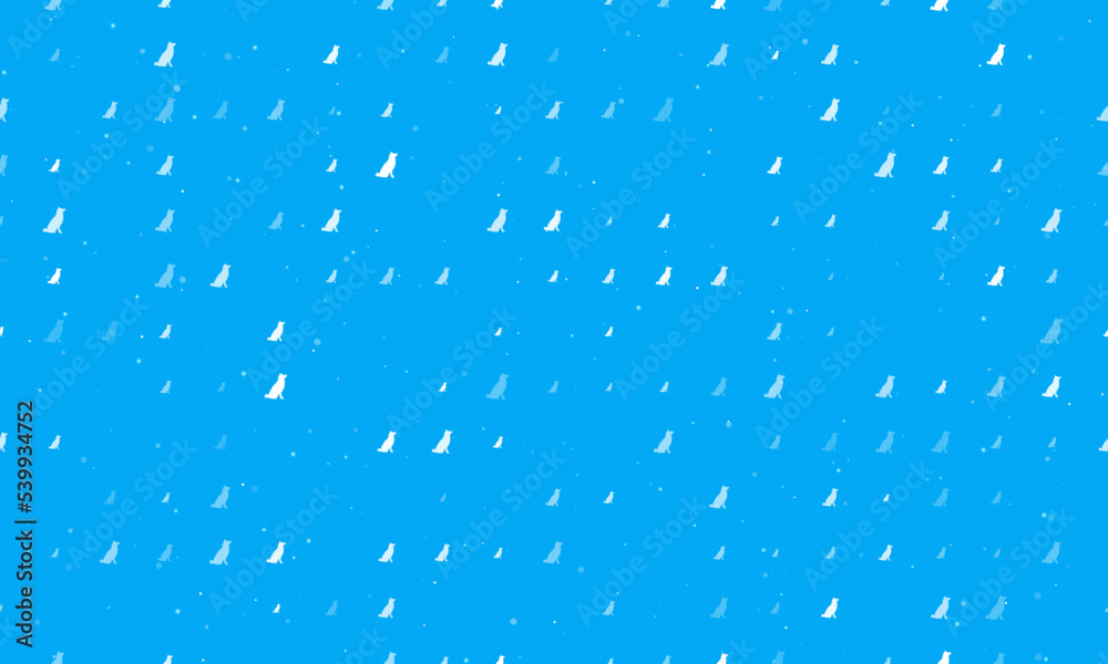 Seamless background pattern of evenly spaced white dog symbols of different sizes and opacity. Vector illustration on light blue background with stars